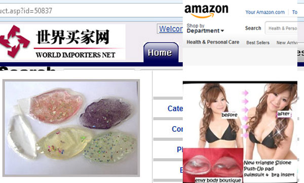 Chào bán miếng đệm áo ngực trên website nhánh của website Bộ thương mại Trung Quốc (trái) và trên Amazon