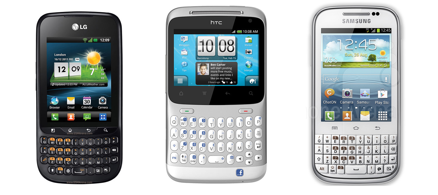 Từ trái qua phải là LG Optimus Pro, HTC ChaCha và Samsung Galaxy Chat