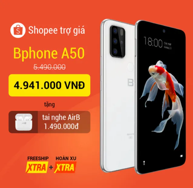 Shopee trợ giá Bphone A50 1 triệu đồng, tặng tai nghe TWS, freeship, hoàn xu 