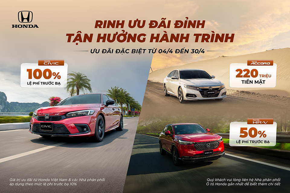 Honda Việt Nam hỗ trợ lệ phí trước bạ, giảm tới 220 triệu đồng loạt xe bán tháng 4/2024