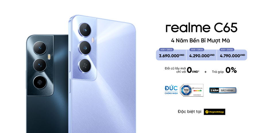 realme C65 chính thức ra mắt tại Việt Nam: giá từ 3,69 triệu đồng có sạc nhanh 45W, đạt cả chứng nhận độ bền và mượt tới 4 năm, hỗ trợ đổi từ điện thoại 2G cũ