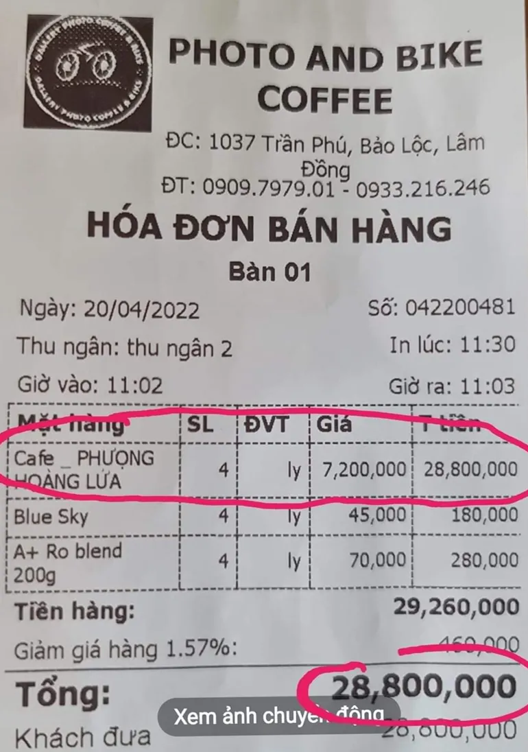 Không cái ngu nào giống ngu nào: Tự in hóa đơn 4 ly cà phê 28,8 triệu để câu view