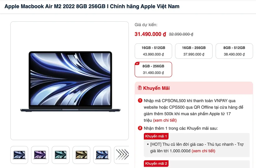 Giá Macbook Air M2 tại thị trường Việt Nam: Phiên bản thấp nhất giá 32,99 triệu đồng