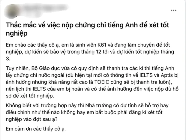 Hoãn thi IELTS vô thời hạn, học sinh lớp 12 bị ảnh hưởng nhất, chưa biết sắp tới xét tuyển đại học thế nào Hoãn thi IELTS vô thời hạn, học sinh lớp 12 bị ảnh hưởng nhất, chưa biết sắp tới xét tuyển đại học thế nào