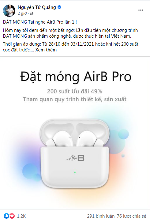 CEO Nguyễn Tử Quảng bất ngờ cho “đặt móng” tai nghe AirB Pro, mời đi thăm nhà máy CEO Nguyễn Tử Quảng bất ngờ cho “đặt móng” tai nghe AirB Pro, mời đi thăm nhà máy