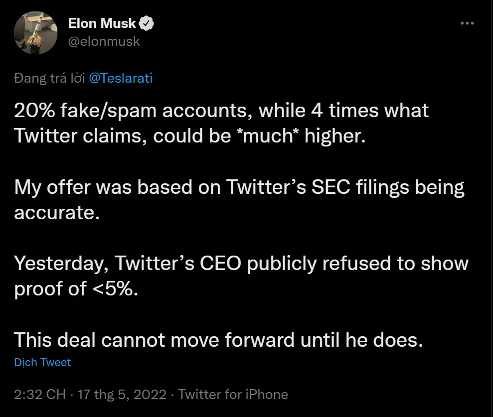 Elon Musk lại “lươn”: chưa mua Twitter chừng nào chưa xác định được số tài khoản giả mạo Elon Musk lại “lươn”: chưa mua Twitter chừng nào chưa xác định được số tài khoản giả mạo
