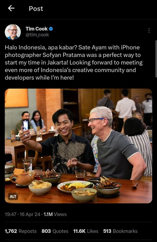 Ngay sau khi rời Việt Nam tới Indonesia, CEO Apple Tim Cook đã tuyên bố sắp xây nhà máy mới tại đất nước vạn đảo Ngay sau khi rời Việt Nam tới Indonesia, CEO Apple Tim Cook đã tuyên bố sắp xây nhà máy mới tại đất nước vạn đảo