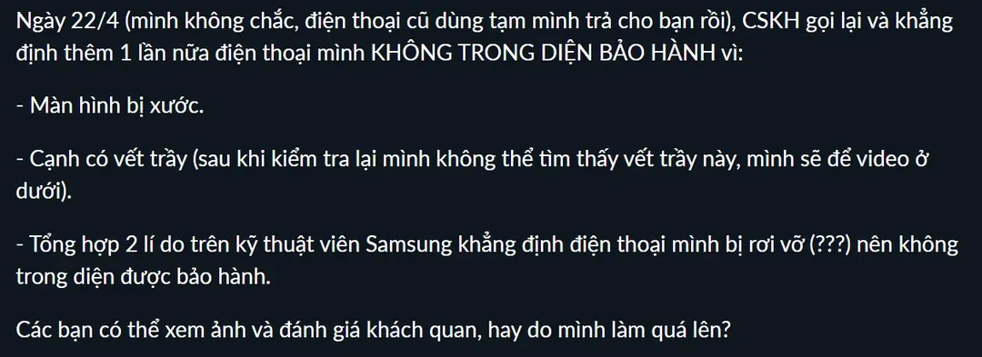 Khách Việt bức xúc chuyện đi bảo hành điện thoại Samsung, bạn có từng bị từ chối bảo hành? Khách Việt bức xúc chuyện đi bảo hành điện thoại Samsung, bạn có từng bị từ chối bảo hành?
