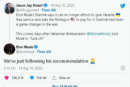 Elon Musk ngừng miễn phí dịch vụ Starlink cho Ukraine hóa ra vì một câu chửi của đại sứ Ukraine tại Đức? Elon Musk ngừng miễn phí dịch vụ Starlink cho Ukraine hóa ra vì một câu chửi của đại sứ Ukraine tại Đức?