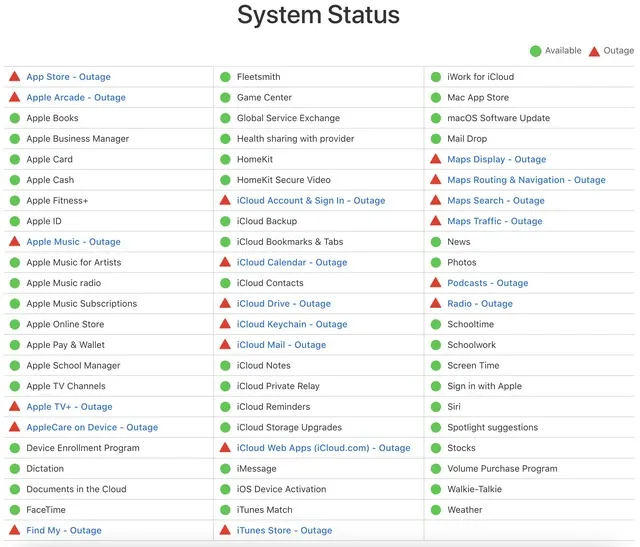 Hàng loạt dịch vụ của Apple “sập” không rõ nguyên nhân Hàng loạt dịch vụ của Apple “sập” không rõ nguyên nhân