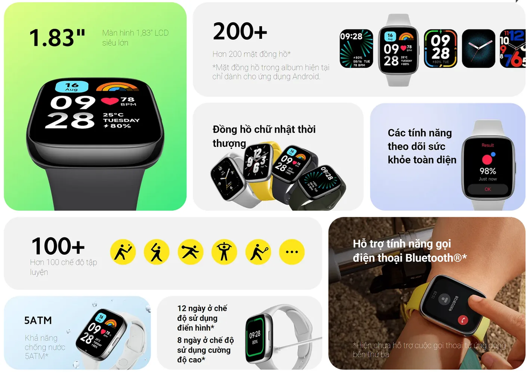 Đồng hồ thông minh Xiaomi Redmi Watch Active 3: Nghe gọi được, chống nước 5 ATM, nhiều tính năng tập luyện Đồng hồ thông minh Xiaomi Redmi Watch Active 3: Nghe gọi được, chống nước 5 ATM, nhiều tính năng tập luyện