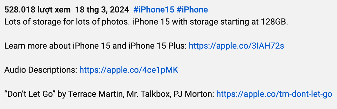 Apple “tấu hề” khi quảng cáo bộ nhớ 128GB trên iPhone 15 là “dung lượng lưu trữ lớn” Apple “tấu hề” khi quảng cáo bộ nhớ 128GB trên iPhone 15 là “dung lượng lưu trữ lớn”
