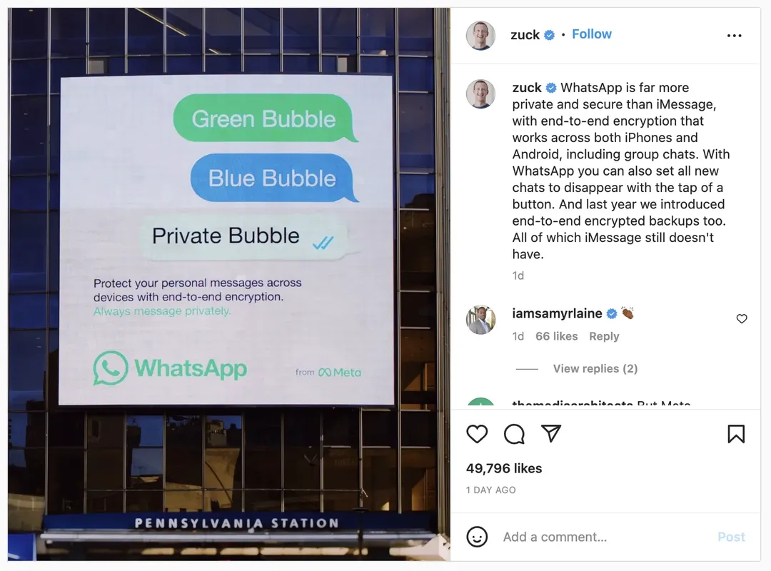Mark Zuckerberg tiếp tục tấn công Apple: iMessage kém an toàn hơn WhatsApp Mark Zuckerberg tiếp tục tấn công Apple: iMessage kém an toàn hơn WhatsApp