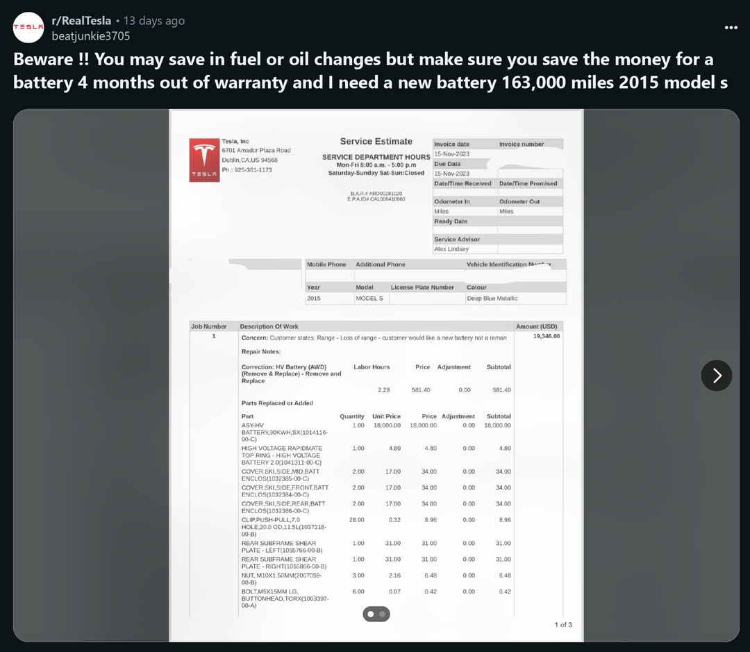 Chủ xe ô tô điện tại Mỹ khóc thét khi nhìn hóa đơn thay pin Chủ xe ô tô điện tại Mỹ khóc thét khi nhìn hóa đơn thay pin