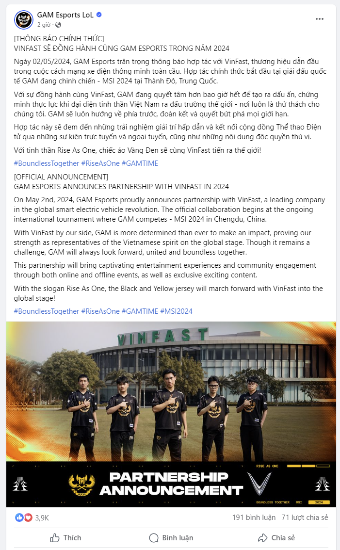 VinFast hợp tác với GAM Esports, đội tuyển Liên Minh Huyền Thoại hàng đầu Việt Nam VinFast hợp tác với GAM Esports, đội tuyển Liên Minh Huyền Thoại hàng đầu Việt Nam