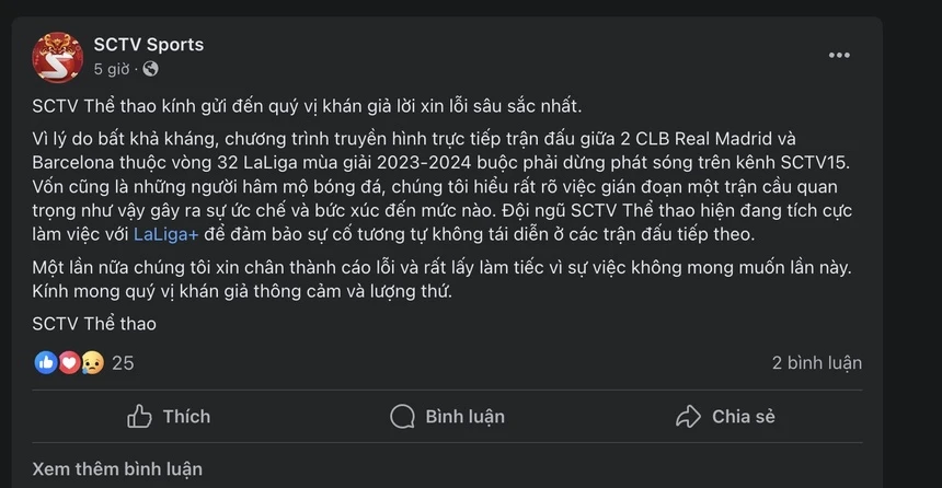 Vì sao trận El Clasico giữa Real Madrid và Barcelona bị nhà đài Việt Nam dừng phát sóng giữa chừng? Vì sao trận El Clasico giữa Real Madrid và Barcelona bị nhà đài Việt Nam dừng phát sóng giữa chừng?