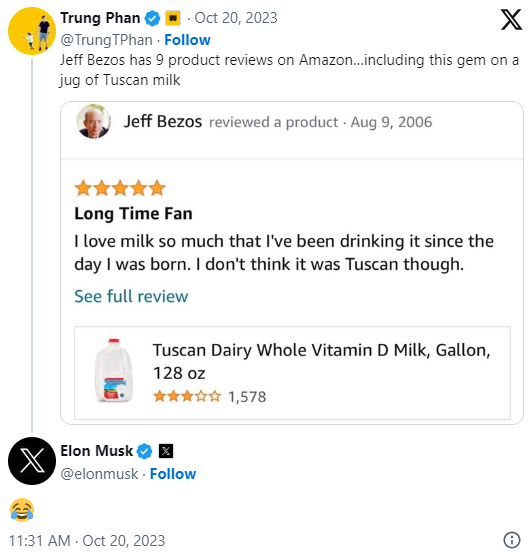 Phản ứng của Elon Musk về review sữa của kỳ phùng địch thủ Jeff Bezos Phản ứng của Elon Musk về review sữa của kỳ phùng địch thủ Jeff Bezos