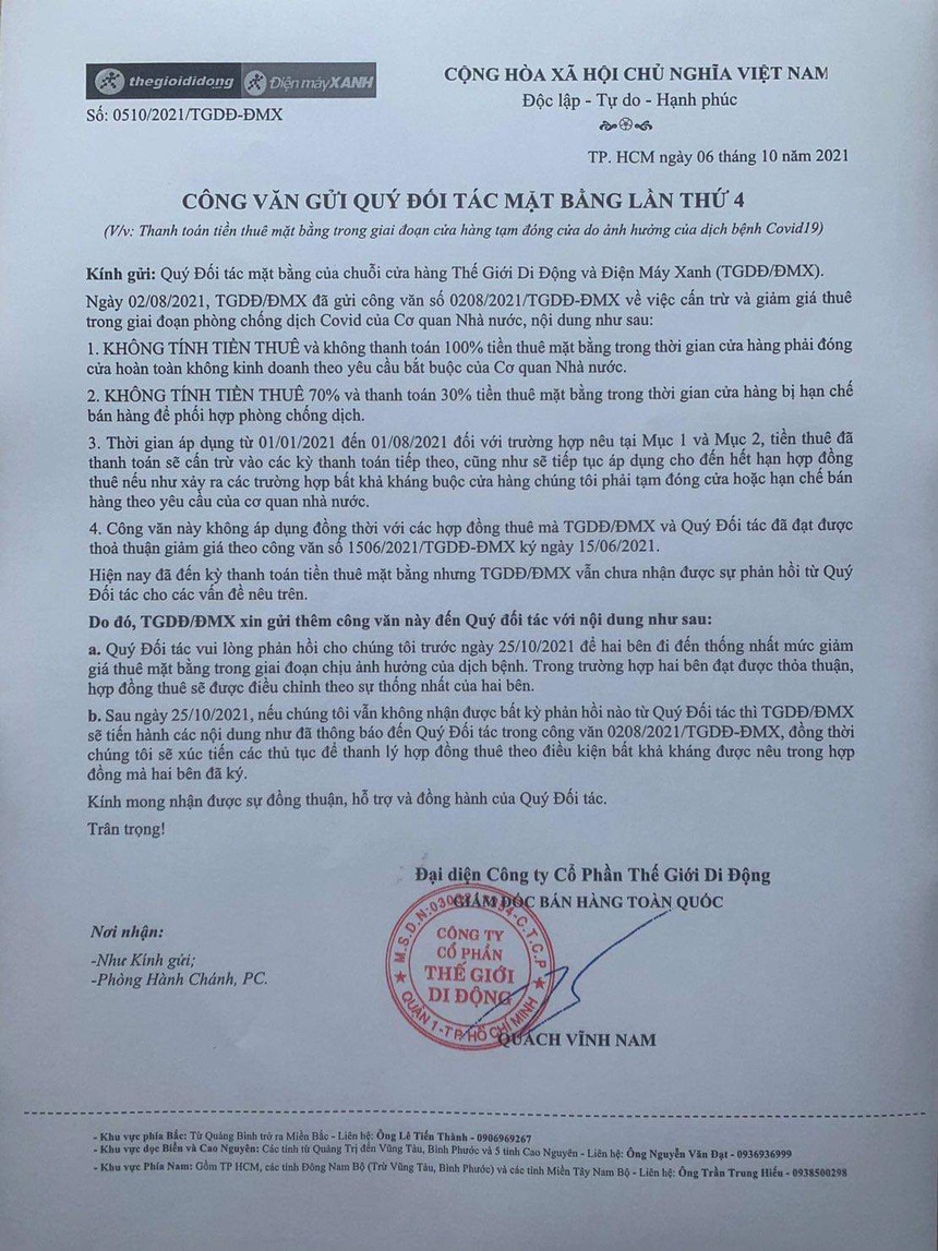 TGDĐ tuyên bố cắt hợp đồng thuê nếu chủ nhà không phản hồi TGDĐ tuyên bố cắt hợp đồng thuê nếu chủ nhà không phản hồi